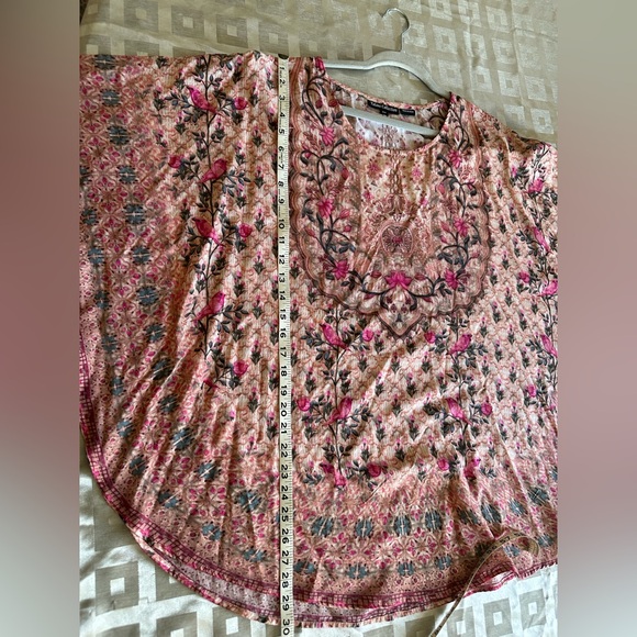 Tolani Collection Petite Printed Woven Caftan Tunic Pink Floral Bird size MP - Picture 7 of 11
